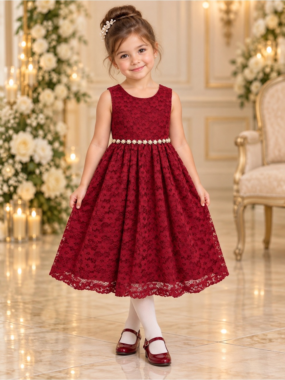 American Princess Burgundy Lace Formal Dress with Pearl Flower Belt